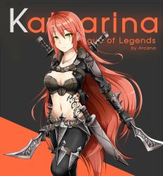 Rule 34 | 1girl, artist name, bad id, bad pixiv id, black legwear, breasts, character name, cleavage, earrings, english text, galois, green eyes, highres, jewelry, katarina (league of legends), league of legends, long hair, looking at viewer, midriff, navel, red hair, scar, serious, solo, sword, tattoo, weapon