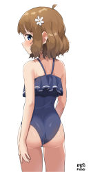 Rule 34 | 1girl, ahoge, arms at sides, ass, bare arms, bare shoulders, blue eyes, blue one-piece swimsuit, blush, brown hair, casual one-piece swimsuit, closed mouth, commentary, cowboy shot, dated, flower, frilled swimsuit, frills, from behind, gluteal fold, hair flower, hair ornament, highres, idolmaster, idolmaster million live!, idolmaster million live! theater days, looking at viewer, looking back, myeolchi, nose blush, one-piece swimsuit, shiny skin, shiny swimsuit, signature, simple background, solo, suou momoko, swimsuit, white background, white flower