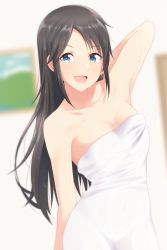 Rule 34 | 1girl, absurdres, arm up, black hair, blue eyes, blurry, collarbone, commentary request, depth of field, hair down, highres, idolmaster, idolmaster shiny colors, long hair, looking at viewer, mitsumine yuika, naked towel, no eyewear, open mouth, smile, solo, taka-chan, towel