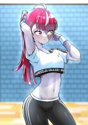 Rule 34 | 1girl, absurdres, ahoge, armpits, arms up, blurry, blurry background, blush, brick wall, character name, colored skin, commentary, copyright name, crop top, cuffs, english commentary, exercising, grey skin, hair ornament, hair scrunchie, hand in own hair, heterochromia, highres, hololive, hololive dance practice uniform, hololive indonesia, kghazir, kureiji ollie, looking to the side, multicolored hair, multicolored skin, navel, official alternate costume, pants, patchwork skin, ponytail, scrunchie, shirt, solo, steam, steaming body, stitched arm, stitched face, stitched torso, stitches, stomach, sweat, symbol-shaped pupils, t-shirt, two-tone hair, two-tone skin, virtual youtuber, wrist cuffs, x-shaped pupils, zombie