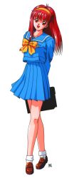 Rule 34 | 1990s (style), arms behind back, blue skirt, briefcase, brown footwear, fujisaki shiori, full body, hairband, holding, holding briefcase, loafers, long hair, long sleeves, looking at viewer, miniskirt, non-web source, official art, open mouth, pleated skirt, red eyes, red hair, retro artstyle, school briefcase, school uniform, shoes, simple background, skirt, standing, tokimeki memorial, tokimeki memorial 1, white background