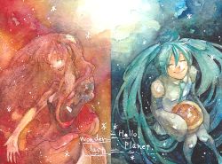 Rule 34 | 2girls, bad id, bad pixiv id, campanula-star, closed eyes, creator connection, happy, hatsune miku, hello planet (vocaloid), long hair, megurine luka, multiple girls, painting (medium), pink hair, pot, smile, songover, traditional media, twintails, very long hair, vocaloid, wander last (vocaloid), watercolor (medium)