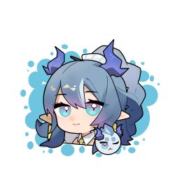 Rule 34 | 1girl, absurdres, aqua eyes, arknights, blue hair, chibi, chinese commentary, closed mouth, commentary request, cropped shoulders, dragon bubble (arknights), dragon girl, dragon horns, earrings, eyes visible through hair, hair between eyes, hair ornament, hair scrunchie, highres, horns, jewelry, ling (arknights), long hair, looking at viewer, pointy ears, portrait, purple eyes, purple horns, scrunchie, smile, solo, white background, xinjinjumin (zhu jin fanselit)