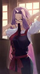 Rule 34 | 1girl, absurdres, buttons, commentary request, fate/grand order, fate (series), forehead, glasses, hair intakes, highres, indoors, kanzakimitoto, long hair, medusa (fate), medusa (result of the soil) (fate), medusa (rider) (fate), mouth hold, official alternate costume, purple-framed eyewear, purple eyes, purple hair, short sleeves, solo, sunlight, upper body, very long hair, window