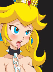 Rule 34 | 1girl, andersonicth, blonde hair, blue eyes, blush, breasts, chain, cleavage, collar, crown, earrings, highres, jewelry, long hair, mario (series), nintendo, open mouth, princess peach, simple background, solo, spiked collar, spikes, super mario bros. 1, tongue, tongue out