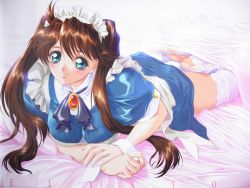 Rule 34 | 1girl, aqua eyes, ass, bed sheet, blush, breasts, brooch, brown hair, dengeki hime, garter straps, jewelry, large breasts, long hair, lying, maid, maid headdress, on stomach, oohara mirei, own hands together, panties, puffy short sleeves, puffy sleeves, short sleeves, smile, solo, thighhighs, twintails, underwear, white panties, white thighhighs, wrist cuffs, yokota mamoru
