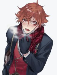 Rule 34 | 1boy, ace trappola, black gloves, black jacket, blush, book, eyeshadow, facial mark, gem, gloves, highres, holding, holding book, jacket, looking at viewer, makeup, male focus, mask, mask pull, mouth mask, n twst, open mouth, orange hair, red eyes, red gemstone, red scarf, red vest, scarf, shirt, short hair, simple background, solo, teeth, twisted wonderland, upper body, vest, white mask, white shirt