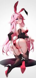 Rule 34 | 1girl, animal ears, bare shoulders, black thighhighs, blush, breasts, closed mouth, garter straps, genshin impact, hair between eyes, high heels, highres, kiyochii, kneeling, large breasts, leotard, long hair, looking at viewer, looking back, nail polish, pink hair, pink nails, playboy bunny, pumps, purple eyes, rabbit ears, red leotard, red soles, shoes, simple background, solo, thighhighs, thighs, white background, yae miko