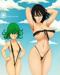 Rule 34 | 2girls, areola slip, armpits, arms behind head, arms up, black hair, black one-piece swimsuit, blue sky, breast envy, breasts, cloud, day, fubuki (one-punch man), green hair, groin, hand on own hip, hands on own hips, highres, hip focus, jealous, large breasts, looking at viewer, multiple girls, one-piece swimsuit, one-punch man, short hair, siblings, sisters, sky, slingshot swimsuit, small breasts, stomach, swimsuit, tatsumaki, ttrop, wide hips