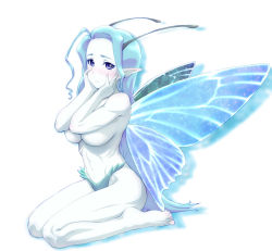 Rule 34 | 1girl, abs, antennae, barefoot, blue eyes, blue hair, blue skin, blue wings, blush, breasts, butterfly wings, colored skin, fairy, hands on own cheeks, hands on own face, insect wings, large breasts, legs, long hair, matching hair/eyes, monster girl, navel, original, pointy ears, seiza, shy, simple background, sitting, solo, thighs, topless, ueyama michirou, underboob, very long hair, white skin, wings