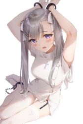 Rule 34 | 1girl, armpits, arms up, blunt bangs, blush, bound, bound wrists, breasts, commentary request, cuffs, garter belt, garter straps, grey hair, hair ornament, hair ribbon, hairclip, handcuffs, highres, kinako (shiratama mochi), lace, lace-trimmed legwear, lace trim, long hair, looking at viewer, medium breasts, nurse, open mouth, original, purple eyes, restrained, ribbon, short sleeves, simple background, sitting, solo, thighhighs, twintails, twitter username, white background, white thighhighs