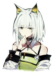 Rule 34 | 1girl, animal ear fluff, animal ears, arknights, asymmetrical hair, bare shoulders, black choker, cat ears, cat girl, choker, closed mouth, collarbone, commentary request, dress, green dress, green eyes, green hair, hand on own chin, highres, jacket, kal&#039;tsit (arknights), kurikaeshi yuri, material growth, off shoulder, oripathy lesion (arknights), simple background, solo, stethoscope, white background, white jacket