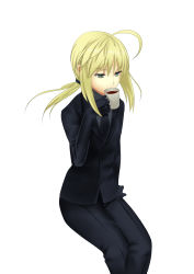 Rule 34 | 1girl, ahoge, artoria pendragon (all), artoria pendragon (fate), black gloves, blonde hair, coffee, cup, drinking, fate/stay night, fate/zero, fate (series), formal, gloves, green eyes, highres, long hair, mug, necktie, pant suit, pants, ponytail, saber (fate), solo, suit, wain2