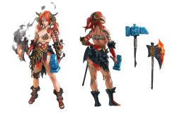 Rule 34 | 1girl, absurdres, armor, axe, battle axe, blue eyes, boots, breasts, character sheet, demon girl, dumbbell, fire, full body, fur trim, hammer, highres, holding, holding axe, horns, large breasts, long hair, multiple views, muscular, muscular female, orange hair, original, pasties, red hair, scar, simple background, tattoo, toeless footwear, vergilhoo, weapon, white background