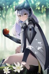 Rule 34 | 1girl, apple, armor, armored boots, boots, cloak, dog tags, flower, food, forest, fruit, goddess of victory: nikke, highres, long hair, mechanical arms, milmil7, nature, shoulder armor, single mechanical arm, sitting, snow white (nikke), solo, visor (armor), white cloak, white hair, yellow eyes