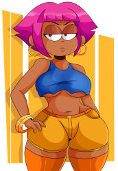 Rule 34 | 1girl, absurdres, breasts, dark skin, earrings, highres, hoop earrings, humanization, jewelry, ok k.o.! let&#039;s be heroes, personification, pink hair, shannon (ok k.o.!), short hair, shorts, sonson-sensei, thick thighs, thighhighs, thighs, underboob, wide hips