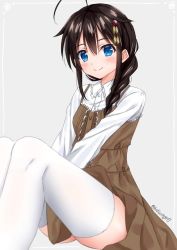 Rule 34 | 1girl, ahoge, bad id, bad twitter id, black hair, blouse, blue eyes, braid, brown dress, collared shirt, dress, feet out of frame, grey background, hair flaps, hair over shoulder, hoshino kagari, kantai collection, long sleeves, shigure (kancolle), shigure kai ni (kancolle), shirt, simple background, single braid, sitting, smile, solo, thighhighs, twitter username, white shirt, white thighhighs