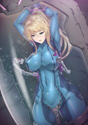 Rule 34 | arms up, blonde hair, breasts, covered erect nipples, green eyes, large breasts, long hair, metroid, metroid: zero mission, nandz, nipple stimulation, object insertion, ponytail, restrained, samus aran, sex machine, skin tight suit, stasis tank, stationary restraints, vaginal, vaginal object insertion