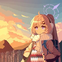 Rule 34 | 1girl, ahoge, backpack, bag, blonde hair, blue archive, buttons, closed mouth, cloud, cloudy sky, earmuffs, hair between eyes, halo, hands in pockets, jacket, kotama (blue archive), kotama (camp) (blue archive), long hair, long sleeves, no eyewear, official alternate costume, official alternate hairstyle, open clothes, open jacket, outdoors, pixel art, ponytail, purple eyes, purple halo, scarf, sky, smile, solo, tinia etru, upper body, white scarf, yellow jacket