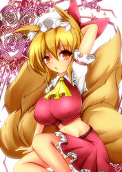Rule 34 | 1girl, animal ears, blonde hair, breasts, cosplay, female focus, flandre scarlet, flandre scarlet (cosplay), fox ears, fox tail, hat, large breasts, merry (diameri), midriff, multiple tails, open mouth, short hair, short sleeves, skirt, solo, tail, touhou, yakumo ran, yellow eyes
