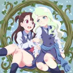 Rule 34 | 10s, 2girls, :d, asymmetrical bangs, blonde hair, blue dress, blue eyes, blue legwear, brown hair, commentary request, couple, diana cavendish, dress, eye contact, half updo, holding own arm, kagari atsuko, kneehighs, little witch academia, long hair, long sleeves, looking at another, multiple girls, neck ribbon, open mouth, red eyes, ribbon, round teeth, sabo10, sash, school uniform, shirt, side-by-side, sitting, sleeveless, sleeveless dress, smile, socks, sparkle, teeth, wavy hair, white shirt, yuri