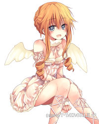 Rule 34 | 1girl, :d, arm ribbon, between legs, breasts, choker, cleavage, date a live, dress, drill hair, grey eyes, hair between eyes, hand between legs, hibiki mio, invisible chair, long hair, looking at viewer, medium breasts, open mouth, orange hair, ribbon, short dress, simple background, sitting, sleeveless, sleeveless dress, smile, solo, strapless, strapless dress, twin drills, twintails, white background, white dress, white ribbon, white wings, wings, wrist cuffs, yamai kaguya