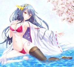 Rule 34 | 10s, 1girl, armpits, bikini, black hair, cameltoe, detached sleeves, hairband, hand on own chest, haruna (kancolle), japanese clothes, kantai collection, long hair, looking at viewer, navel, nontraditional miko, open mouth, red bikini, red eyes, ribbon-trimmed sleeves, ribbon trim, ryu-akt, solo, swimsuit, thighhighs, water, wide sleeves