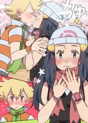 Rule 34 | 1boy, 1girl, absurdres, barry (pokemon), beanie, black hair, blonde hair, blush, bracelet, closed mouth, commentary request, creatures (company), dawn (pokemon), embarrassed, eyelashes, fingernails, flying sweatdrops, game freak, green scarf, hair ornament, hairclip, hand on another&#039;s arm, hands up, hat, hetero, highres, hunnyamai, jewelry, kiss, long hair, looking at another, nintendo, pokemon, pokemon dppt, scarf, short sleeves, sidelocks, sparkle, star (symbol), sweatdrop