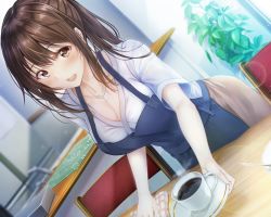 Rule 34 | 1girl, :d, absurdres, apron, blue apron, breasts, brown eyes, brown hair, brown skirt, chair, cleavage, coffee, cup, dutch angle, eyelashes, hair between eyes, hazuki gyokuto, highres, indoors, kitchen, large breasts, long hair, looking at viewer, non-web source, open mouth, original, plant, ponytail, potted plant, saucer, shirt, sidelocks, skirt, smile, solo, table, teeth, upper teeth only, white shirt