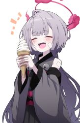Rule 34 | 1girl, armpit crease, bandaid, bandaid on face, bandaid on shoulder, bell, blue archive, blush, closed eyes, detached sleeves, food, gauze on face, grey hair, grey kimono, halo, happy, highres, holding, holding food, holding ice cream, ice cream, japanese clothes, jingle bell, kimono, kirigakure (iroiro tsukauyo), long hair, no nose, obijime, open mouth, pink halo, pink sash, sash, shuro (blue archive), solo, teeth, upper teeth only, very long hair, white background, wide sleeves