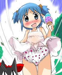 Rule 34 | blue eyes, blue hair, blush, cat, clothes lift, dress, dress lift, food, food print, cube hair ornament, hair ornament, ice cream, naganohara mio, nichijou, panties, print panties, sakamoto (nichijou), short twintails, strawberry print, t2, twintails, underwear, upskirt