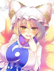 Rule 34 | 1girl, animal ears, blonde hair, blue tabard, blush, breasts, commentary request, dress, finger in own mouth, finger to mouth, fox ears, fox tail, frills, hair between eyes, hand up, hat, highres, index finger raised, large breasts, mob cap, multiple tails, open mouth, short hair, simple background, solo, tabard, tail, teeth, touhou, upper body, white background, white dress, white hat, wildcat (kusonemi), yakumo ran, yellow eyes
