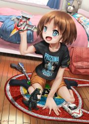 Rule 34 | + +, 10s, 1girl, abazu-red, arm support, bag, bed, bedroom, black king (ultra series), black shirt, black socks, blue eyes, brown hair, brown shorts, casual, character request, clothes writing, commentary request, copyright request, dutch angle, girls und panzer, highres, holding, holding toy, indoors, kaette kita ultraman, open mouth, pillow, playing, print shirt, sakaguchi karina, shirt, short hair, shorts, sitting, smile, socks, solo, stuffed animal, stuffed toy, t-shirt, teddy bear, toy, toy car, toy gun, twitter username, ultra series, ultraman, wariza, window, wooden floor