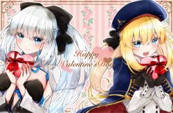 Rule 34 | 2girls, artoria caster (fate), artoria caster (second ascension) (fate), artoria pendragon (fate), black bow, black bowtie, black dress, black gloves, blonde hair, blue cape, blue eyes, blue headwear, blush, bow, bowtie, box, braid, breasts, buttons, cape, closed eyes, commentary request, dress, dual persona, english text, fate/grand order, fate (series), french braid, gloves, gold trim, grey hair, hair bow, happy valentine, hat, heart, heart-shaped box, highres, holding, holding box, large breasts, long hair, long sleeves, morgan le fay (fate), multiple girls, open mouth, ponytail, re re9315, short hair, sidelocks, smile, aesc (fate), twintails, two-tone dress, valentine, very short hair, white dress