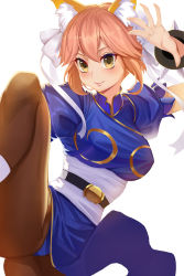 Rule 34 | 1girl, absurdres, animal ears, blue leotard, blush, breasts, brown pantyhose, capcom, china dress, chinese clothes, chun-li, chun-li (cosplay), closed mouth, commentary request, cosplay, dress, fate/grand order, fate (series), fox ears, gaoyang ou nisang, hair ribbon, hand up, highres, large breasts, leg up, leotard, pantyhose, pink hair, puffy short sleeves, puffy sleeves, ribbon, sash, short hair, short sleeves, simple background, smile, solo, street fighter, tamamo (fate), tamamo no mae (fate/extra), white background, white ribbon, yellow eyes