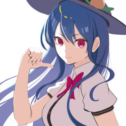 Rule 34 | 1girl, amisu, black hat, blue hair, closed mouth, collared shirt, food, fruit, hair between eyes, hat, highres, hinanawi tenshi, long hair, one-hour drawing challenge, peach, puffy short sleeves, puffy sleeves, red eyes, shirt, short sleeves, simple background, smile, solo, touhou, upper body, white background, white shirt