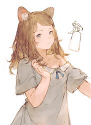Rule 34 | animal ears, bare shoulders, blush, bottle, brown hair, cat ears, closed mouth, collarbone, commentary request, copyright request, grey eyes, grey shirt, highres, junwool, long hair, messy hair, off shoulder, partially colored, shirt, sketch, spray bottle, swept bangs, wavy mouth, white background