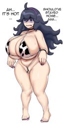 Rule 34 | 1girl, @ @, absurdres, ahoge, alternate breast size, animal print, bare shoulders, barefoot, bikini, bracelet, breasts, collarbone, cow print, cow print bikini, creatures (company), curvy, feet, full body, game freak, greyimpaction, hairband, hex maniac (pokemon), highres, huge breasts, jewelry, long hair, matching hair/eyes, messy hair, nail polish, nintendo, open mouth, pokemon, pokemon xy, print bikini, purple eyes, purple hair, simple background, solo, standing, swimsuit, thick thighs, thighs, toenail polish, toenails, toes, wavy mouth, white background