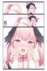 Rule 34 | !, 1girl, 1other, 3koma, @ @, blue archive, blush, comic, grabbing another&#039;s head, halo, koharu (blue archive), looking at viewer, pink hair, school uniform, serafuku, snoot challenge, upper body
