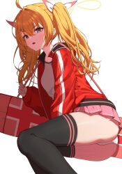 Rule 34 | 1girl, absurdres, black thighhighs, blonde hair, blue archive, blush, cropped, dasi (kwts3227), halo, highres, holding, jacket, looking at viewer, neckerchief, open mouth, panties, pantyshot, pink neckerchief, pink skirt, red jacket, ribbon, school uniform, serafuku, simple background, skirt, solo, thighhighs, track jacket, twintails, underwear, white panties, white ribbon, yellow eyes, yoshimi (blue archive)