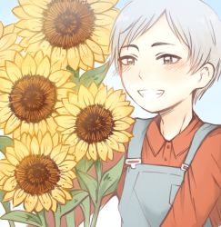 Rule 34 | 1girl, blush, catmouth, character request, flower, green eyes, looking at viewer, overalls, solo, sunflower, white hair