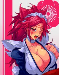 Rule 34 | 1girl, baiken, blush, breasts, choker, cleavage, collarbone, cosplay, embarrassed, facial mark, frilled choker, frills, guilty gear, hair ornament, highres, iroha (samurai spirits) (cosplay), japanese clothes, juliet sleeves, large breasts, long hair, long sleeves, looking at viewer, maid, maid headdress, messy hair, one-eyed, open mouth, ponytail, puffy sleeves, red eyes, red hair, samurai spirits, scar, scar across eye, scar on face, sidelocks, solo, sweat, upper body, yoshitsuki
