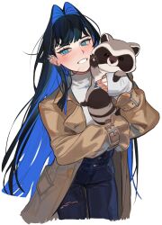 Rule 34 | 1girl, animal, blue eyes, blue hair, blue nails, blue pants, blunt bangs, blush, brown coat, coat, colored inner hair, denim, ear piercing, eus ing, fingernails, hair intakes, high-waist pants, highres, holding, hololive, hololive english, jeans, jewelry, long hair, long sleeves, multicolored hair, nail polish, official alternate costume, open clothes, open coat, ouro kronii, ouro kronii (casual), pants, piercing, shirt, simple background, smile, torn clothes, torn pants, trench coat, turtleneck, two-tone hair, very long hair, virtual youtuber, white background, white shirt