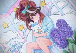 Rule 34 | 1girl, animal ears, banseog, blue shirt, blue shorts, blurry, blurry foreground, borrowed hairstyle, bow, breast pocket, breasts, brown hair, cinnamiku hairstyle, cinnamoroll, cleavage, closed mouth, couch, diffraction spikes, feet out of frame, flower, folded twintails, hair bow, highres, horse ears, indoors, lamp, long hair, long sleeves, looking at viewer, medium breasts, pajamas, pocket, purple eyes, sanrio, shirt, shorts, sitting, smile, solo, symboli rudolf (umamusume), umamusume