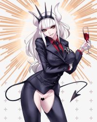 Rule 34 | 1girl, alcohol, arm under breasts, ban! (bansankan), black jacket, black necktie, black pants, black tail, breasts, business suit, censored, collared shirt, cup, demon girl, demon horns, demon tail, drinking glass, formal, gloves, hair ornament, head tilt, heart, heart censor, helltaker, highres, holding, holding cup, horns, jacket, large breasts, long hair, long sleeves, looking at viewer, lucifer (helltaker), mole, mole under eye, monster girl, necktie, neckwear request, pants, red eyes, red shirt, shirt, simple background, smile, smirk, solo, suit, tail, upper body, very long hair, white background, white gloves, white hair, white horns, wine, wine glass