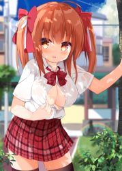 Rule 34 | 1girl, :d, black thighhighs, blue sky, blurry, blurry background, blush, bow, breasts, brown eyes, brown hair, building, cleavage, commentary request, cowboy shot, day, depth of field, dress shirt, fingernails, hair between eyes, hair bow, hair ribbon, kujou danbo, long hair, medium breasts, no bra, open clothes, open mouth, open shirt, original, outdoors, plaid, plaid skirt, pleated skirt, red bow, red skirt, ribbon, see-through, shirt, short sleeves, sidelocks, skirt, sky, smile, solo, thighhighs, twintails, utility pole, wet, wet clothes, wet shirt, white ribbon, white shirt