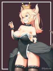 Rule 34 | 1girl, armlet, black collar, black dress, black nails, black thighhighs, blonde hair, blue eyes, blue gemstone, borrowed design, bowsette, bracelet, breasts, brooch, cleavage, collar, crown, dress, earrings, fingernails, gem, highres, horns, jewelry, large breasts, leotard, mario (series), nail polish, new super mario bros. u deluxe, nintendo, pointy ears, sharp fingernails, sharp teeth, skindentation, solo, spiked armlet, spiked bracelet, spiked collar, spiked shell, spiked tail, spikes, standing, strapless, strapless dress, super crown, tail, teeth, thighhighs, thighs, turtle shell