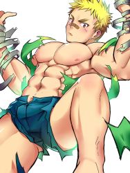 Rule 34 | 1boy, abs, bandages, bandaid, bandaid on face, bandaid on nose, bara, blonde hair, blush, bulge, facial hair, feet out of frame, goatee, highres, large pectorals, male focus, manly, muscular, navel, nipples, aged up, ooki ikutoshi, pectorals, shirt, short hair, sideburns, solo, thick thighs, thighs, tokyo houkago summoners, toned, toned male, topless male, torn clothes, torn legwear, torn shirt, waku (ayamix), white background