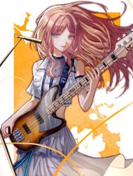 Rule 34 | 1girl, absurdres, bang dream!, bang dream! it&#039;s mygo!!!!!, bass guitar, blue eyes, brown hair, chinese commentary, clothing cutout, commentary request, cowboy shot, earrings, floating hair, flower, grey skirt, guitar, hair ornament, hairclip, highres, holding, holding guitar, holding instrument, instrument, jewelry, long hair, looking at viewer, microphone, nagasaki soyo, necklace, orange background, parted lips, playing guitar, shirt, shoulder cutout, skirt, solo, tianzhongdouyi1, white background, white shirt