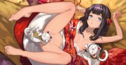 Rule 34 | 1girl, barefoot, black hair, blue eyes, breasts, cat, convenient censoring, feet, female focus, groin, had (had314), japanese clothes, kimono, lying, maneki-neko, no panties, on back, original, parted lips, paw pose, small breasts, solo, spread legs, toes
